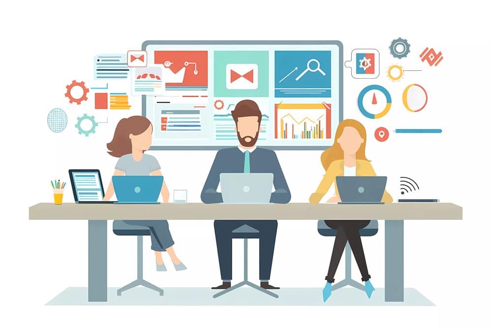 Visualisierung dreier Personen mit Laptop am Schreibtisch. Diagnosetools und Diagramme erkennbar, zum Umsetzen der Vision.